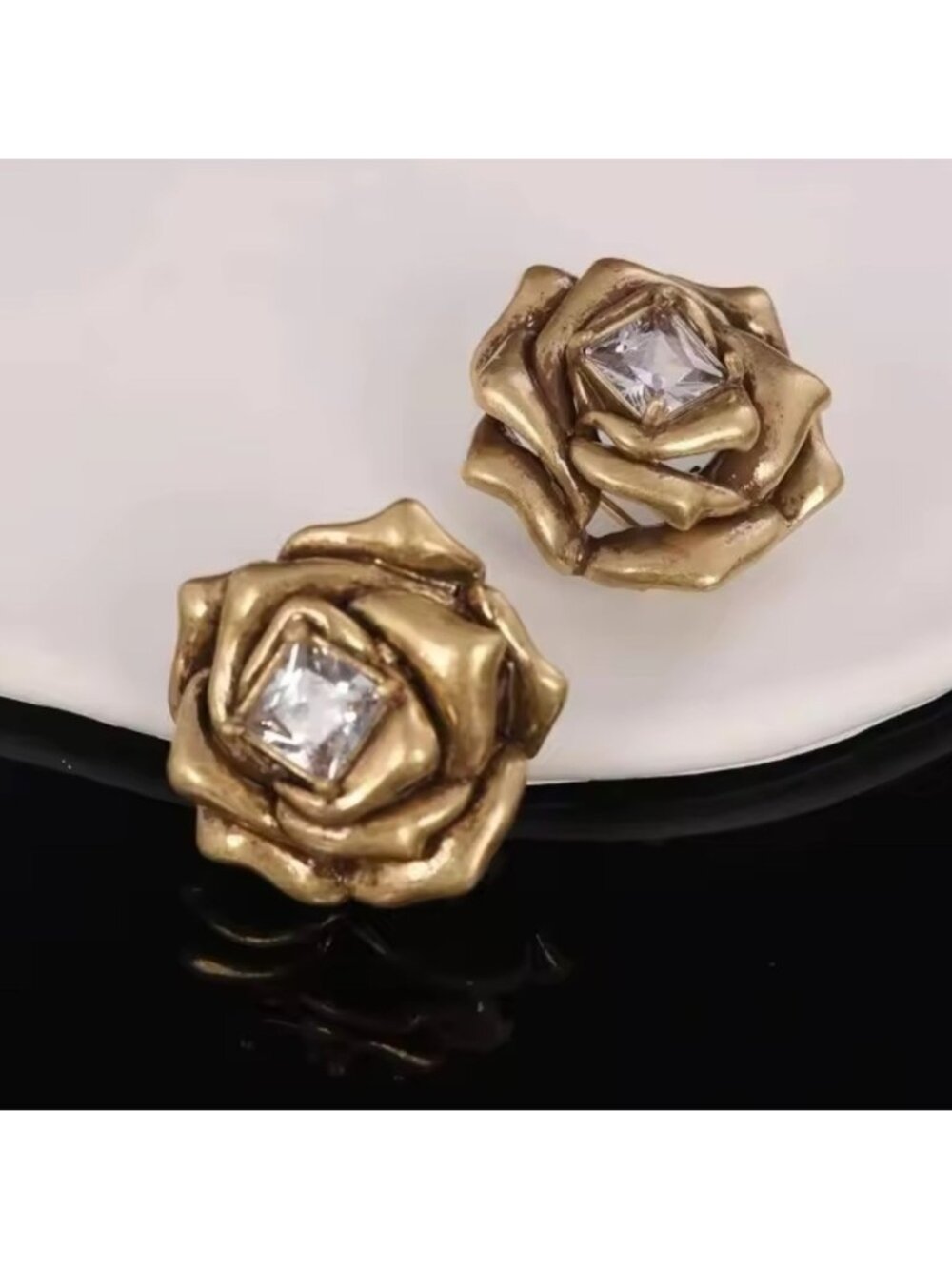 Antique Gold Rose Crystal Stud Earrings